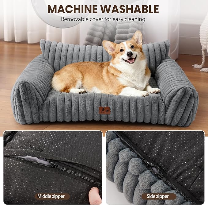 Warmrest Dog Couch for Pets, Cute Small Dog Bed Medium Size Dogs with Cozy Soft Faux Rabbit Fur for Small & Medium Dogs, Supportive Pet Sofa with Removable Washable Cover, Light Gray, 36"