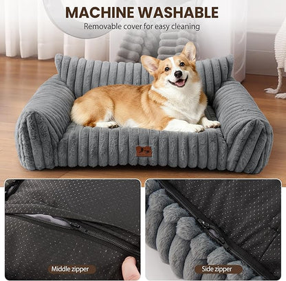 Warmrest Dog Couch for Pets, Cute Small Dog Bed Medium Size Dogs with Cozy Soft Faux Rabbit Fur for Small & Medium Dogs, Supportive Pet Sofa with Removable Washable Cover, Light Gray, 36"