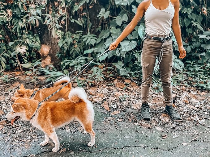 Tuff Pupper Heavy Duty Hands Free Dog Leash | Two Small/Medium Dogs Up to 90 lbs | Comfortable Shock Absorbing Bungee | Reflective Padded Handles | Lumbar Waist Belt 26-38" | Jogging Running Leash