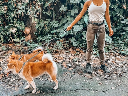 Tuff Pupper Heavy Duty Hands Free Dog Leash | Two Small/Medium Dogs Up to 90 lbs | Comfortable Shock Absorbing Bungee | Reflective Padded Handles | Lumbar Waist Belt 26-38" | Jogging Running Leash