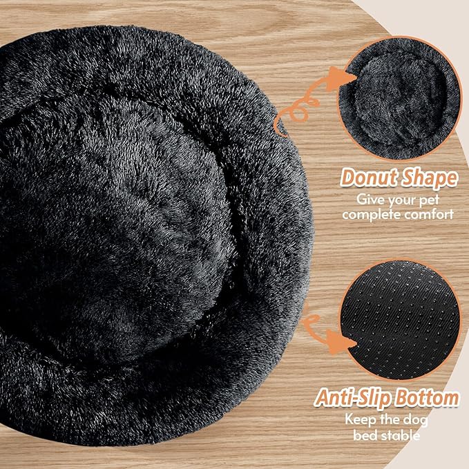 JOLLYVOGUE Calming Dog Bed Medium Size Dog, Anti-Anxiety Donut Medium Pet Bed, 31 inches Fluffy Faux Fur Round Cat Bed, Fits up to 45 lbs Pets (Black)