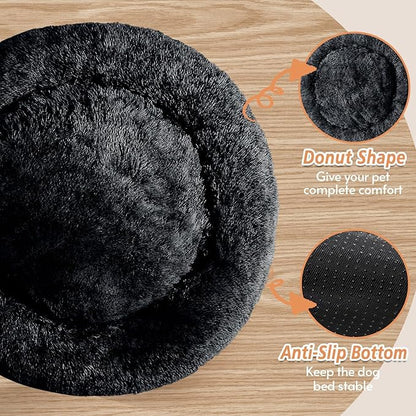 JOLLYVOGUE Calming Dog Bed Medium Size Dog, Anti-Anxiety Donut Medium Pet Bed, 31 inches Fluffy Faux Fur Round Cat Bed, Fits up to 45 lbs Pets (Black)
