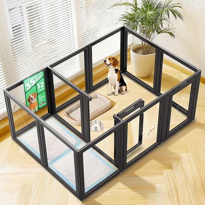 FXW AuraSpace Acrylic Indoor Dog Playpen for Medium Dogs, 35 Inch, 12 Panels, Black
