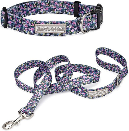 Lucky Love Dog, Matching Dog Collar & Leash Set for Female Dogs, Soft, Adjustable, Safe for Training and Walking, Black & Purple Floral Print, Primrose Combo, X-Small