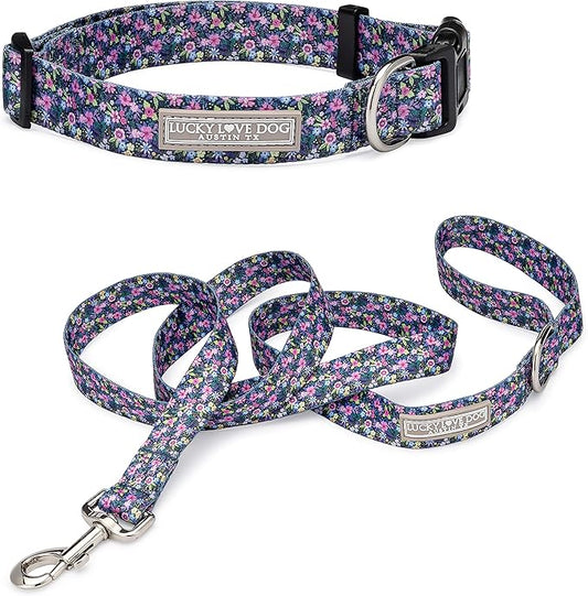 Lucky Love Dog, Matching Dog Collar & Leash Set for Female Dogs, Soft, Adjustable, Safe for Training and Walking, Black & Purple Floral Print, Primrose Combo, X-Small