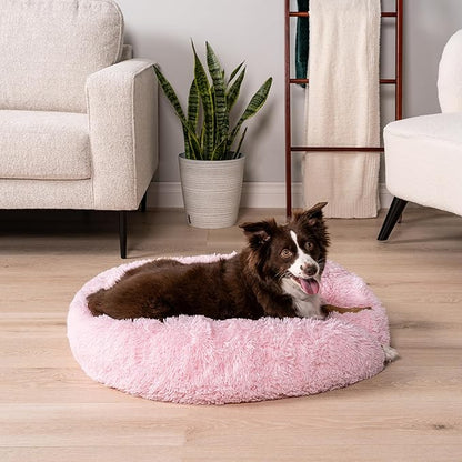 PetAmi Calming Dog Bed for Small & Medium Dogs and Cats, 30” Round Donut Dog Bed, Washable Fluffy Faux Fur Puppy & Cat Bed, Anti-Anxiety Plush Cuddler Pet Bed with Anti-Slip Bottom - Pink
