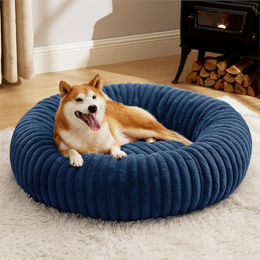 Bedsure ComfyFleece Donut Large Dog Bed - Washable Faux Fur, Corduroy Fleece & Anti Slip Bottom, Round Pet Beds with Removable Cover, Night Blue, 36x36x8 inches