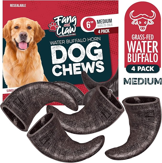 Fang and Claw Water Buffalo Horn Dog Chew 4 Pack (Medium 6 Inch), Long-Lasting Natural Chews for Aggressive Chewers, Single-Ingredient, No Rawhide