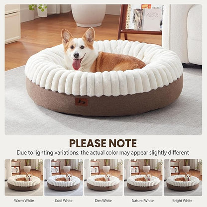 Warmrest Donut Dog Bed Medium Size Dog 36 Inch, Round Cat Beds for Small Medium Dogs and Cats with Washable Fluffy Faux Fur, Cute Comfort Pet Bed with Anti-Slip Bottom, Cream