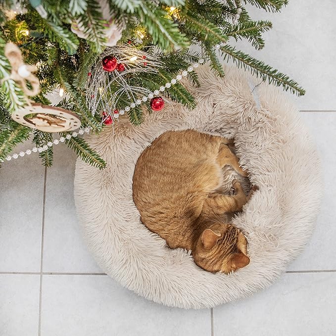 Calming Donut Dogs Beds for Small Dogs Washable,23inch Plush Round Pet Bed for Cozy Sleep,Fluffy Faux Fur Large Cat Bed,Fits up to 25 lbs Pets,Beige