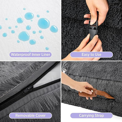 LE SURE Foldable Human Dog Bed - 3 in 1 Flexible Giant Human Dog Bed for Adult People with Supportive Bolster Egg Foam, Waterproof Liner, Calming Fluffy Faux Fur Orthopedic Big Bean Bed, Charcoal