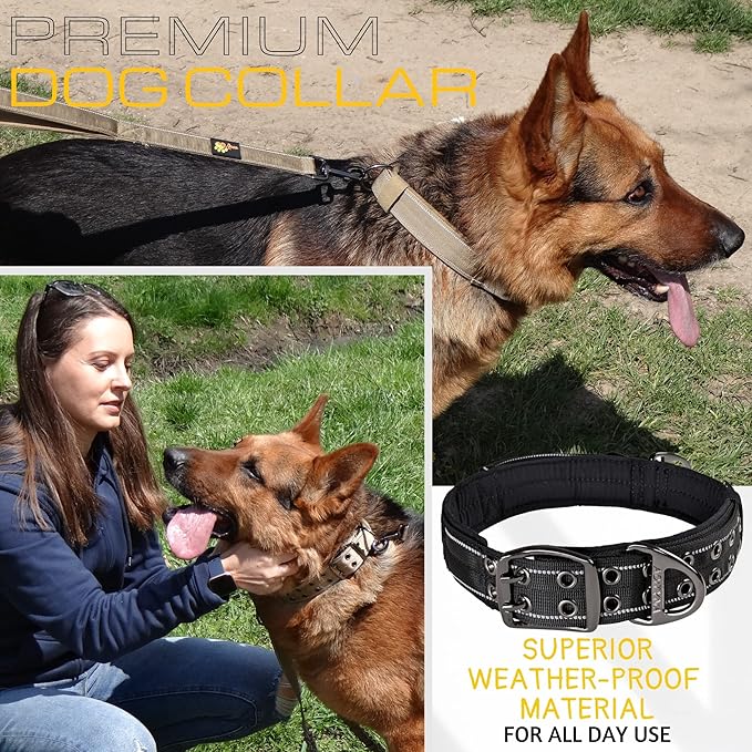 ADITYNA Heavy Duty Dog Collar with Handle - Thick Dog Collar for Large Dogs - Wide, Reflective, Tactical, Soft Neoprene Padded - Perfect Black Dog Collar for Training, and Walking