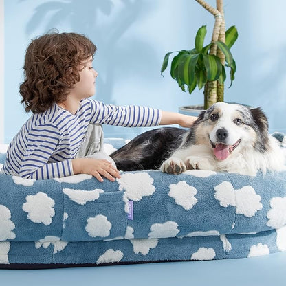 LE SURE Human Dog Bed for Adult & Kids - Calming XXL Size Bed with Egg Foam Supportive Mat as Gift for Family, Cute Modern Beds with Jacquard Shaggy Plush & Anti Slip Bottom 55x37x10, Blue