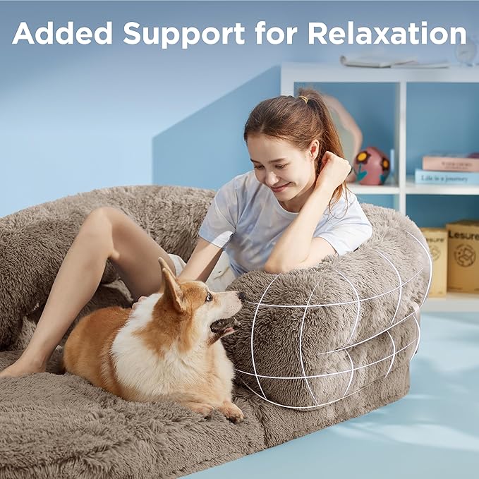 LE SURE Foldable Human Dog Bed - 3 in 1 Flexible Giant Human Dog Bed for Adult People with Supportive Bolster Egg Foam, Waterproof Liner, Calming Fluffy Faux Fur Orthopedic Big Bean Bed, Taupe