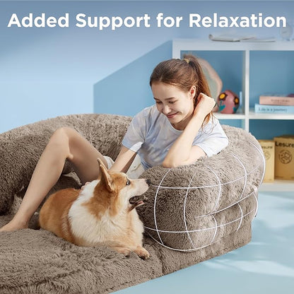LE SURE Foldable Human Dog Bed - 3 in 1 Flexible Giant Human Dog Bed for Adult People with Supportive Bolster Egg Foam, Waterproof Liner, Calming Fluffy Faux Fur Orthopedic Big Bean Bed, Taupe