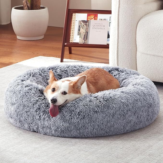 Warmrest Donut Dog Bed Medium Size Dog 30 Inch, Round Cat Beds for Small Medium Dogs and Cats with Washable Fluffy Faux Fur, Cute Comfort Pet Bed with Anti-Slip Bottom, Grey