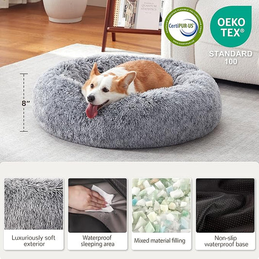 Warmrest Donut Dog Bed Medium Size Dog 30 Inch, Round Cat Beds for Small Medium Dogs and Cats with Washable Fluffy Faux Fur, Cute Comfort Pet Bed with Anti-Slip Bottom, Grey