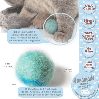 BALLMIE Felt Wool Cat Toys Ball with Catnip and Bell, Natural Handmade (Baby Blue (5 Units))