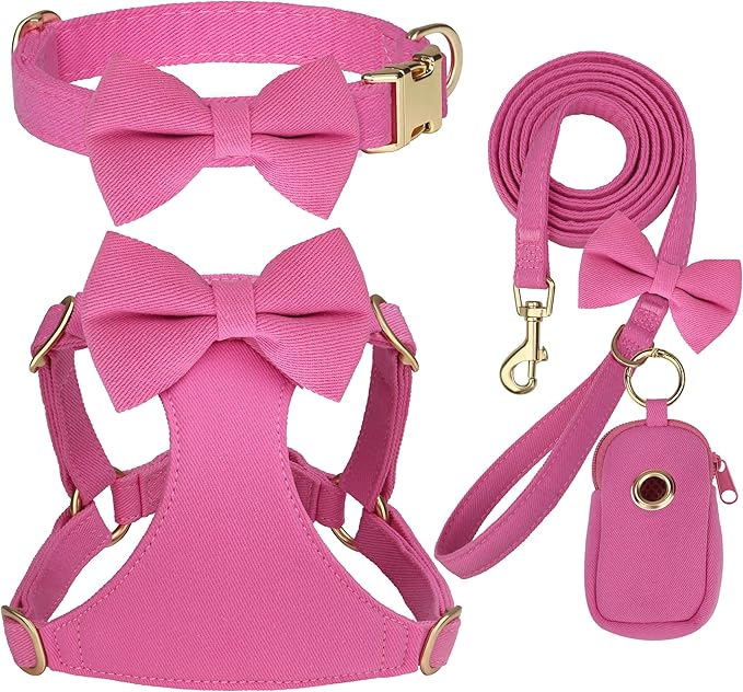 Beirui Adorable Small Dog Harness Collar Leash Set,Cute Puppy Harness with 3 Bows for XS Dogs,Yorkie,Adjustable Step-in Vest for Walking,Parties&Holiday Outfits(Hot Pink,XS)