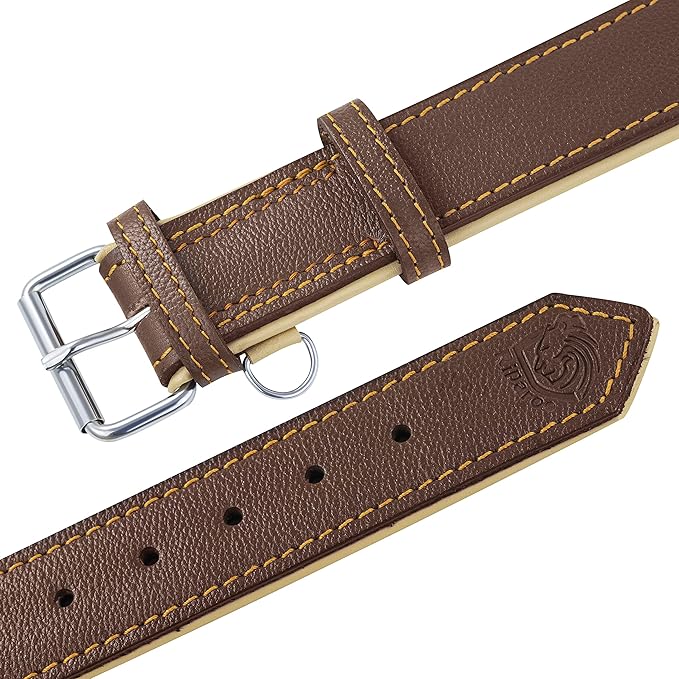 Riparo Brown Leather Dog Collar - Heavy Duty Wide Dog Collar for Small, Medium, Large and Extra Large Dogs with Dog Tag Holder (L: 1.5" Wide for 17"-21" Neck, Brown)