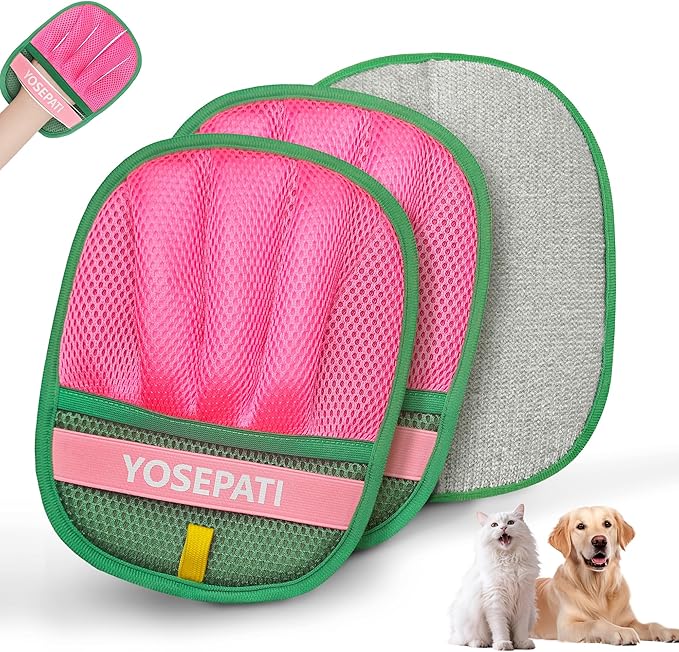 YOSEPATI Thickened Ectrostatic Pet Hair Removal Glove for Cat & Dog, Upgraded Five-Finger Reusable Magic Brush Pet Hair Remover Tool for Couch, Clothing, Carpet & Car Seat (2Pcs-Green & Pink)