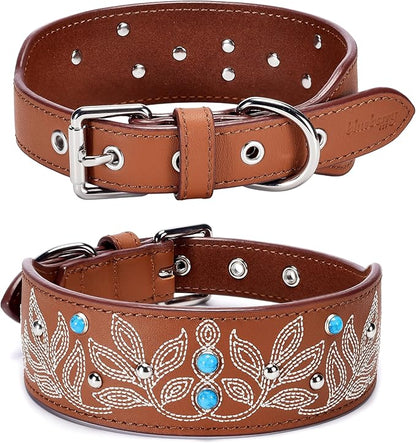 Blueberry Pet Genuine Leather Dog Collar - Western-Inspired Brown Leather Dog Collar for Large Dogs with Floral Embroidery & Turquoise Studs, 18-22 Inch Adjustable & Durable for City Pet Owners