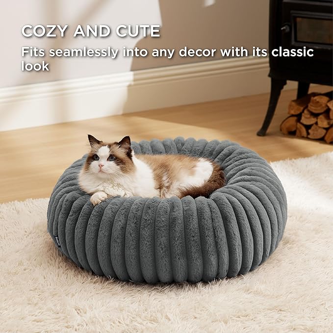 Bedsure ComfyFleece Cat beds for Indoor Cats - Donut Dog Beds for Small Dogs with Corduroy Fleece & Anti Slip Bottom, Faux Fur Pet Beds with Washable Removable Cover, Warm Grey, 20x20x6 inches