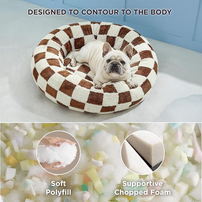 LE SURE Shown on TV Donut Medium Dog Bed - Round Catc Sofa Indoor Anti-Anxiety Calming Bed Gift for Pets, Washable Cute Modern Beds with Jacquard Shaggy Plush & Anti Slip Bottom, 30 Inch, Brwon