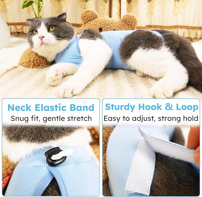 Hpetppy Cat Surgery Recovery Suit, Recovery Suit for Female Male Cats, Cat Onesie After Surgery Spay Neuter, Anti-Licking Kitten Surgical Clothes, Bodysuit for Abdominal Wounds Skin Disease Blue M
