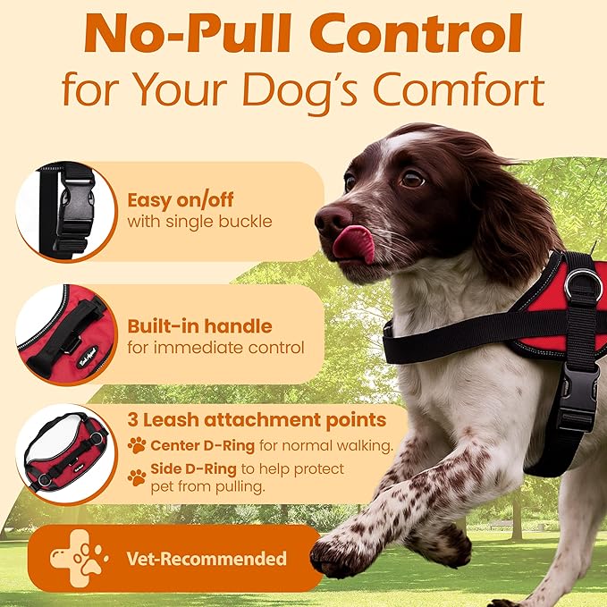 Bark Appeal Red No-Pull Dog Harness for Medium to Large Sized Pets – Adjustable, Reflective Vest with 3 Leash Clips for Added Control, Easy Walks & Training – Large