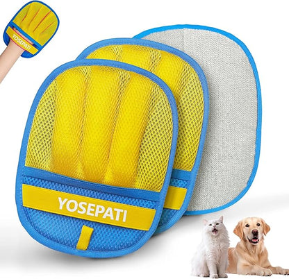 YOSEPATI Thickened Ectrostatic Pet Hair Removal Glove for Cat & Dog, Upgraded Five-Finger Reusable Magic Brush Pet Hair Remover Tool for Couch, Clothing, Carpet & Car Seat (2Pcs-Blue & Yellow)