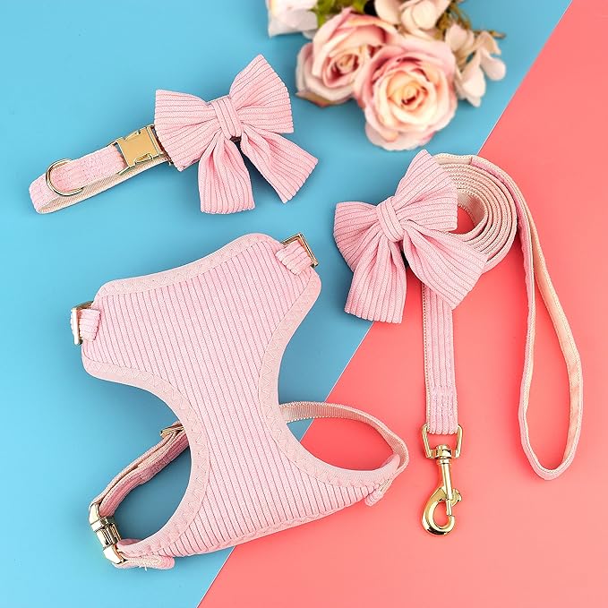 Didog Cute Small Dog Harness Collar and Leash Set with Bowtie, Breathable Soft Mesh Padded Puppy Harness, Pink Dog Harness for Parties, Holiday Gatherings & Gifts, Pink, S