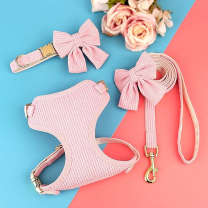 Didog Cute Small Dog Harness Collar and Leash Set with Bowtie, Breathable Soft Mesh Padded Puppy Harness, Pink Dog Harness for Parties, Holiday Gatherings & Gifts, Pink, M