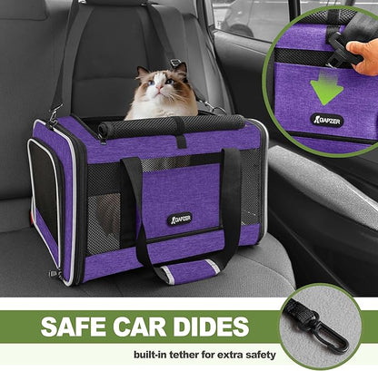 GAPZER Per Carrier for Cat 18x11x11 Inch FAA Complaint, Kitten Taxi Top Load Soft Cloth Bag, Small Animal Portable in Cabin Crate Shih Tzu Dog Kennel Carry Case, 4-Sided-Ventilated Kitty Purse Purple