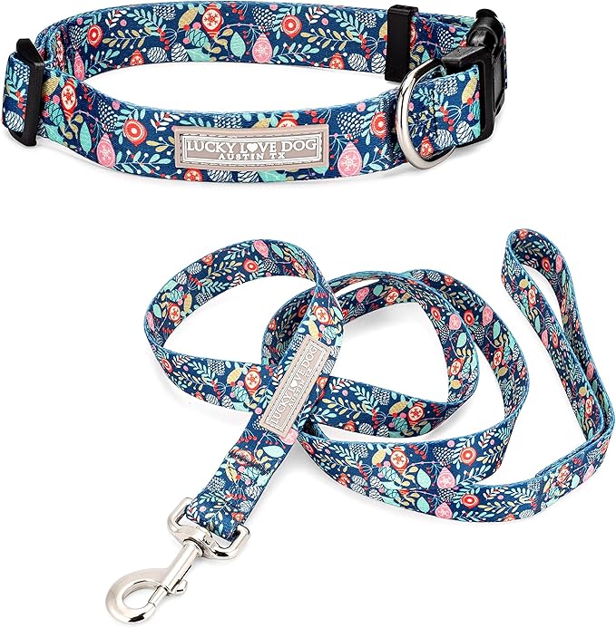 Lucky Love Dog - Adjustable Collar and Leash Set with Easy Click Buckle for Large Dogs, Durable, & Comfortable Collar for Male & Female Dogs, Puppies & Adult - Sweet Holiday Combo, Large