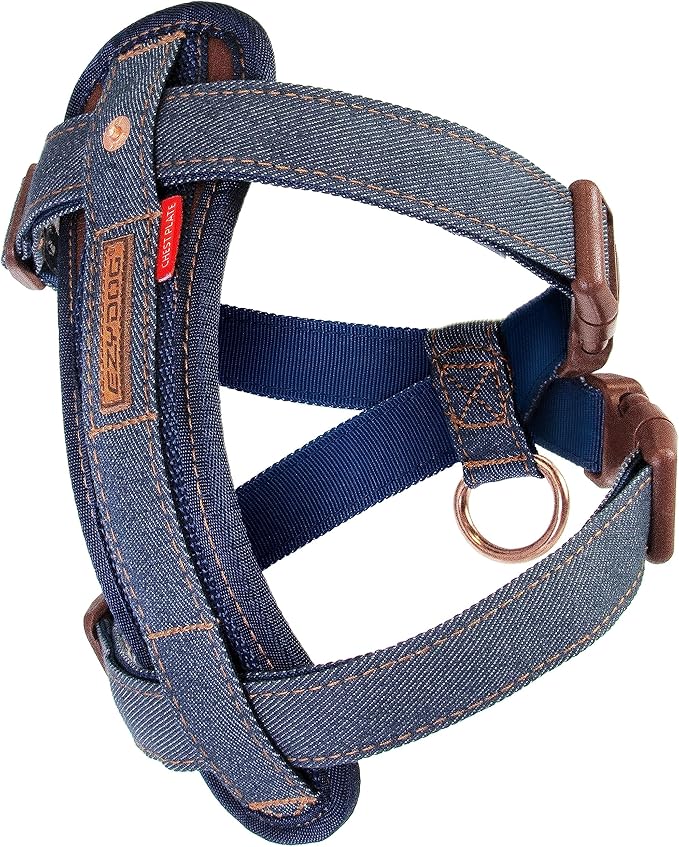EzyDog Chest Plate No Pull Dog Harness – Escape Proof Harness with Reflective Stitching and Comfort Padding for Easy Walks, Training & Control - Car Restraint Included (Large, Denim)