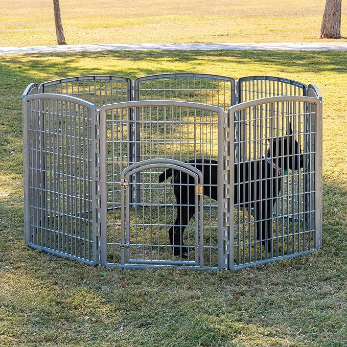 IRIS USA 34" 8-Panel Pet Dog Puppy Playpen with Door, Indoor/Outdoor Dog Pen, 63 x 63 x 34, Foldable, Customizable, Chrome