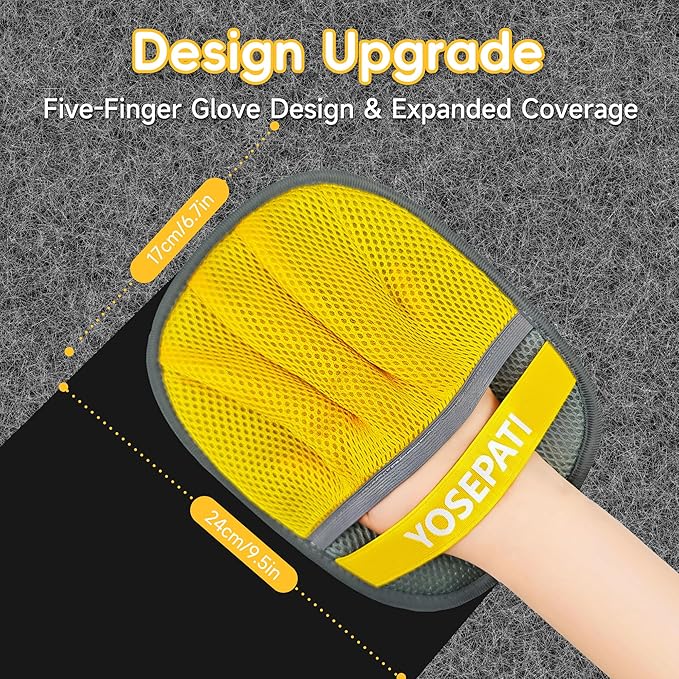 YOSEPATI Thickened Ectrostatic Pet Hair Removal Glove for Cat & Dog, Upgraded Five-Finger Reusable Magic Brush Pet Hair Remover Tool for Couch, Clothing, Carpet & Car Seat (2Pcs-Grey & Yellow)