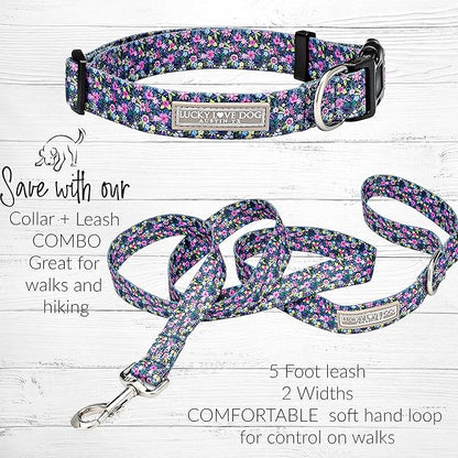 Lucky Love Dog, Matching Dog Collar & Leash Set for Female Dogs, Soft, Adjustable, Safe for Training and Walking, Black & Purple Floral Print, Primrose Combo, X-Small