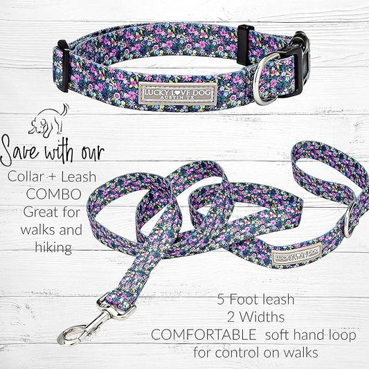Lucky Love Dog, Matching Dog Collar & Leash Set for Female Dogs, Soft, Adjustable, Safe for Training and Walking, Black & Purple Floral Print, Primrose Combo, X-Small