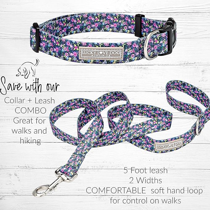 Lucky Love Dog, Matching Dog Collar & Leash Set for Female Dogs, Soft, Adjustable, Safe for Training and Walking, Black & Purple Floral Print, Primrose Combo, Large